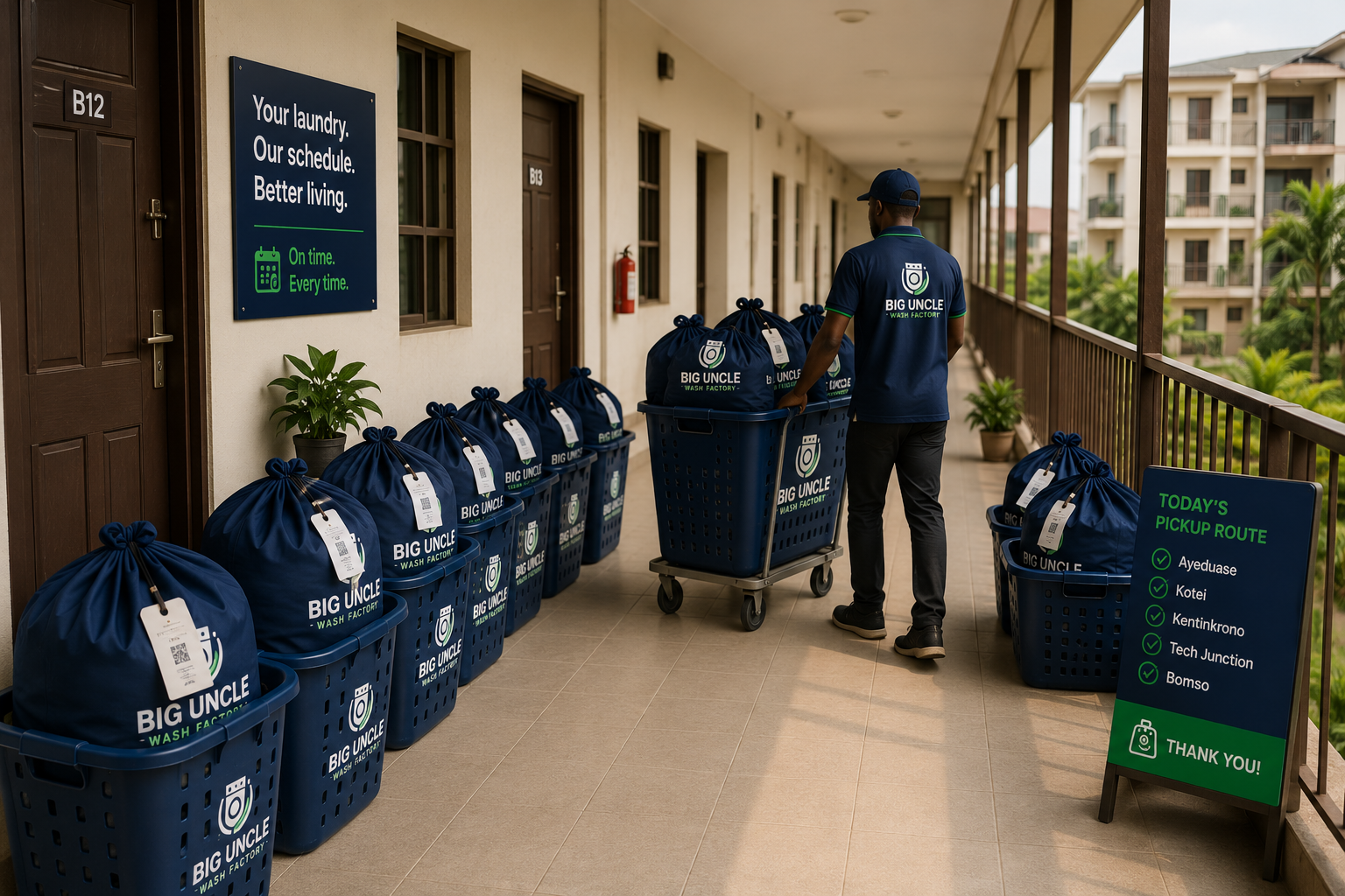 Branded baskets lined along an apartment corridor for a scheduled community pickup route