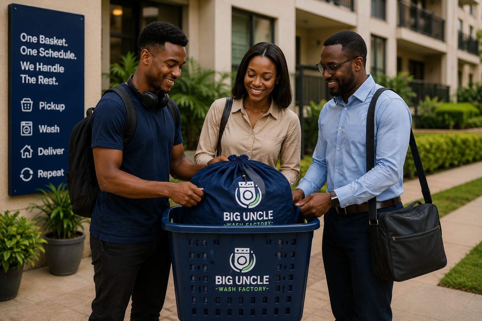 A student, young professional, and apartment resident sharing a Big Uncle Wash Factory basket outside a residential building